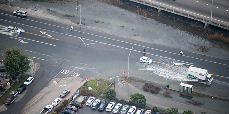 A roadway underwater during the King Tides