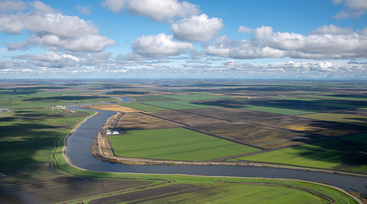 Aerial view of river flowing through the Delta