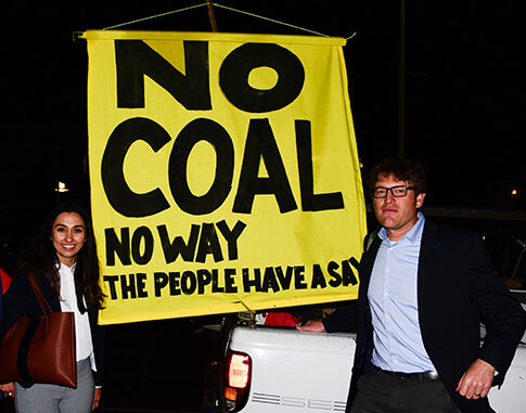 No coal protesters with a "no coal" sign with Baykeeper staff in Richmond by Robert McKinney