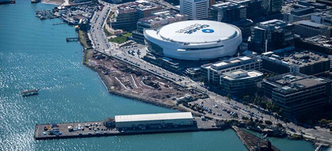 Aerial of shoreline by Chase Center