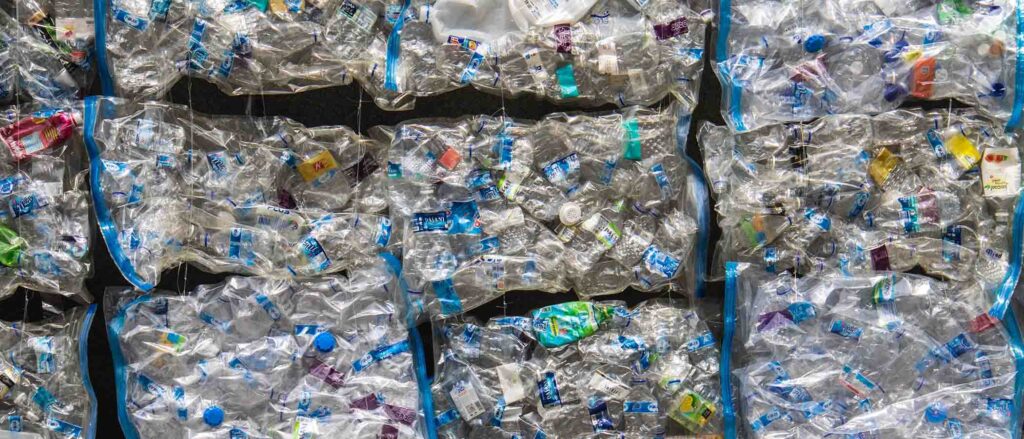 Piles of recycled materials in bags