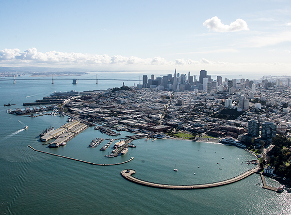 Aerial view of SF and Bay Bridge
