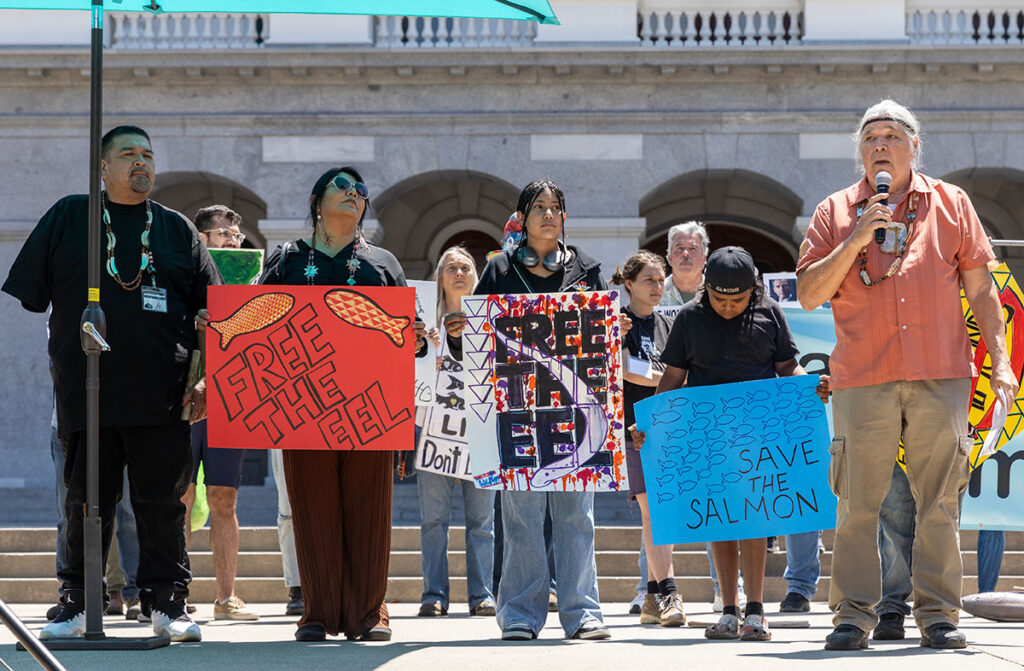 Gary Mulcahy, government liaison for the Winnemem Wintu Tribe, speaking at the Day of Action in July 2023