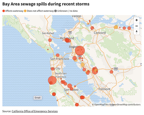 Map of sewage overflows of the Bay Area