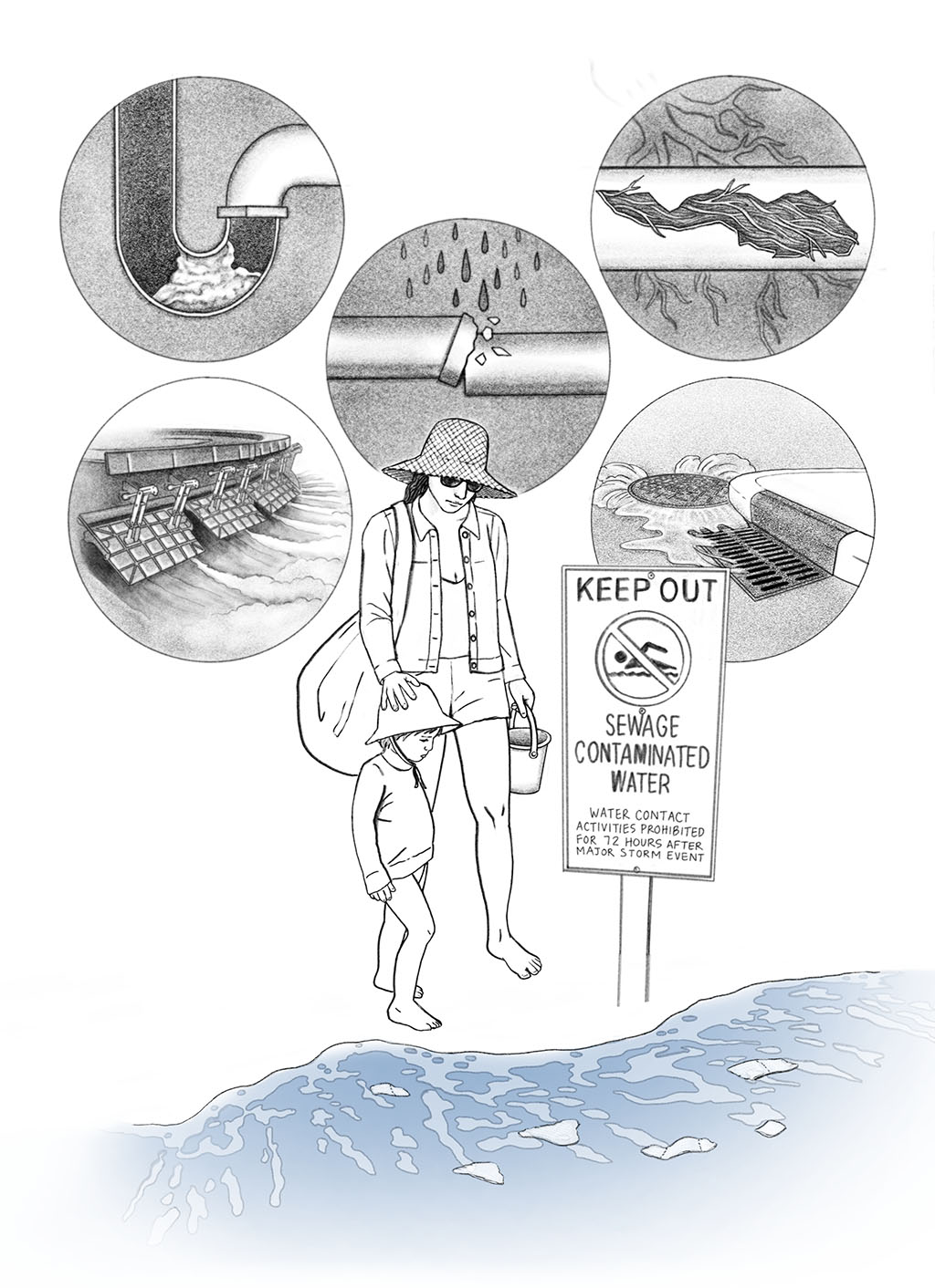 Illustration of mother and child standing by the Bay with sign warning of sewage spill