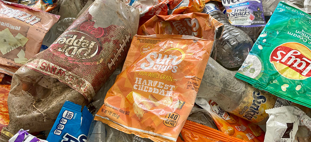 Plastic trash, including chip bags and water bottles