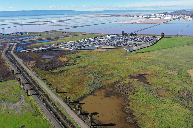 Aerial view of the Newark shoreline with Bay in background